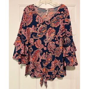 Paisley Blouse NY Collection‎ Woman 1X Tie Front Ruffle Bell Sleeve Top